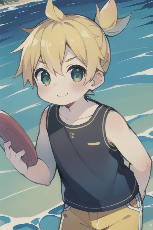 Highest quality, (high quality),eye highlights,arms are thin, thin body,put both hands on cheeks,face,from front,(portrait),((very short hair)),look at viewer,droopy eyes,smile,Pouting mouth,open your mouth and laugh,(((chilled boy))), (1 boy),kagamine len,yellow hair, spiked_hair,ponytail hair, swim suit,half pants,illustration, beach,sea, splash of water,