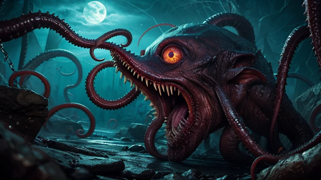 Eldritch horror landscape with writhing flesh, all seeing eyes, toothy maws, lashing tentacles