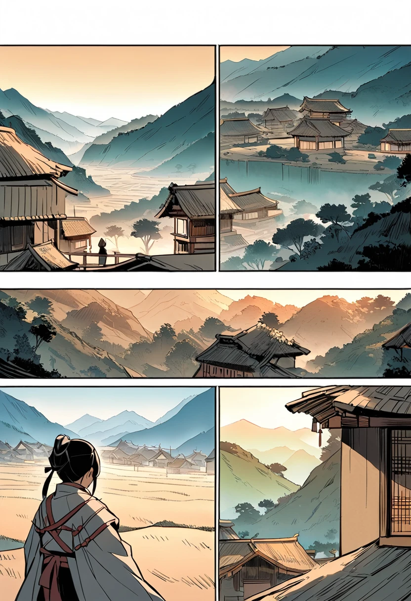 Comic scene，In the middle of the valley, overlooking everything, is a Chinese ancient tribe.，There are many thatched houses in the tribe，The time is dusk