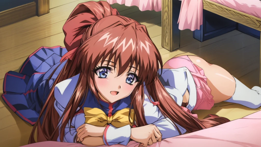 (Anime artwork, Anime Style, Studio Anime, Very detailed, up to date, Vibrant, Anime Coloring Book, High Contrast, masterpiece:1.2, Highest quality, Best aesthetics), (Beautiful and detailed:1.2), Aoikan, 1 person, Hair Ribbon, school uniform, Long sleeve, bow tie, Blue Skirt,Big Breasts、 blush, Cute Smile Open your mouth Lying on a pink bed, Pink Good, From above, Roll up your skirt, Skirt Lift, Pink Panties、No pants,White high knee socks、Two Arms,Two Legs,Gaze,