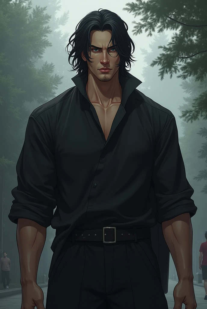 Handsome, muscular teenager
Tall with black, long hair , with black clothes and handsome , beardless
with a sad grayish background environment
with his friends and friends in the park laughing