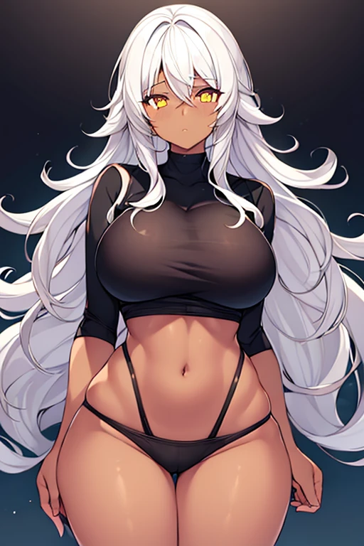 1girl, dark skin, dark-skinned female, yellow eyes, white hair, long hair, large breasts, wavy hair, thick thighs, sportswear, shy, sports bra, hourglass figure, neon, neon trim, mature female, skin tight, tight clothes, number, numbers, text, highleg