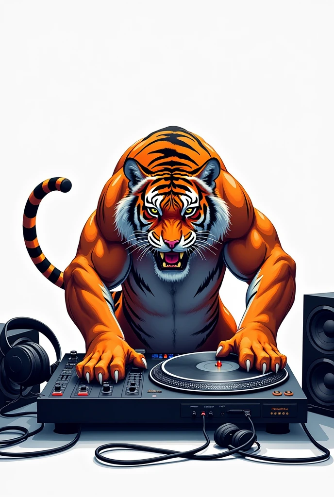 A cover of a tiger with a turntable, headphones and monitors with a white background