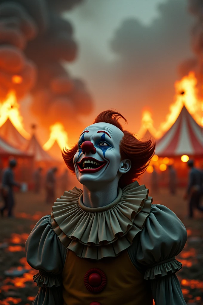Circus on fire, clown crying