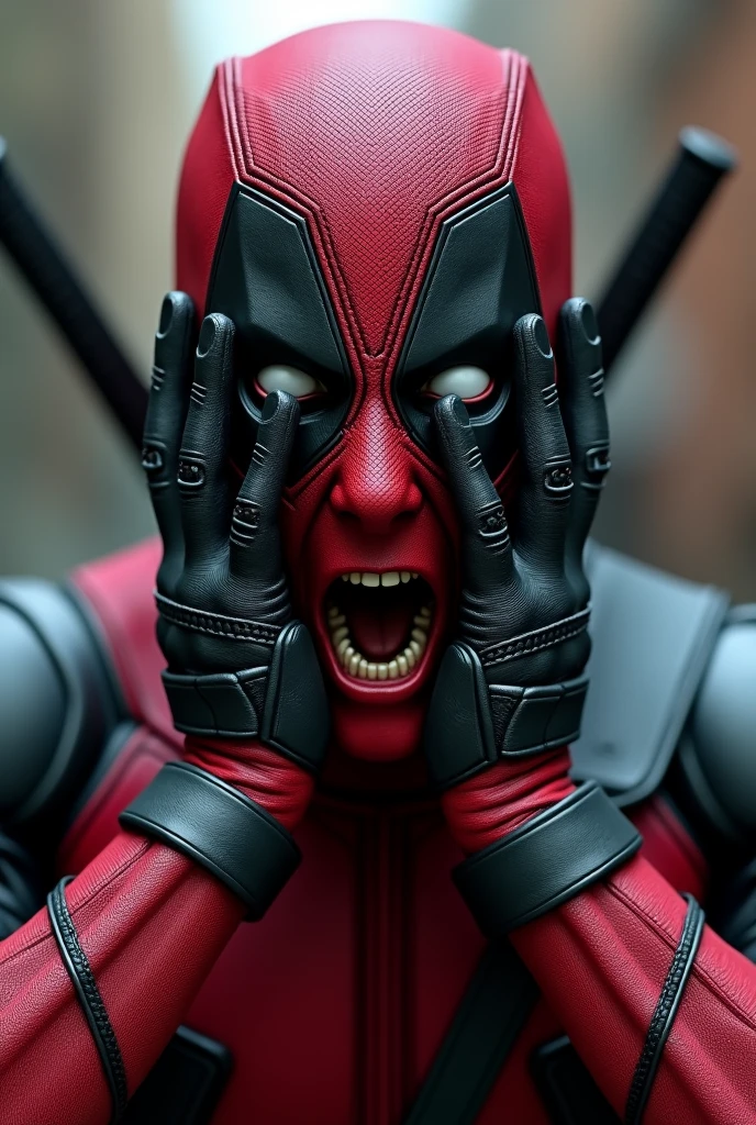 Create a realistic image of Deadpool, him putting his hands on his face with a shocked expression , with your mouth closed