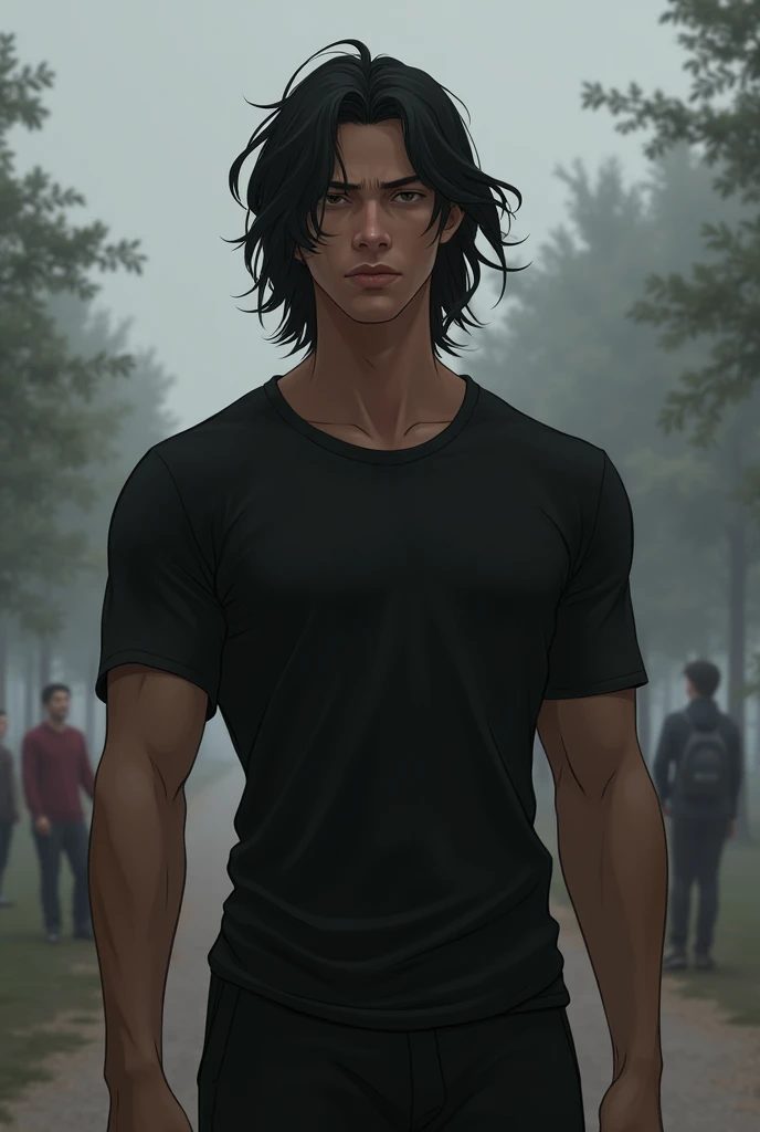 Handsome, realistic, muscular teenager
Tall with long black hair , with black clothes and handsome , beardless
with a sad grayish background environment
with his friends and friends in the park laughing