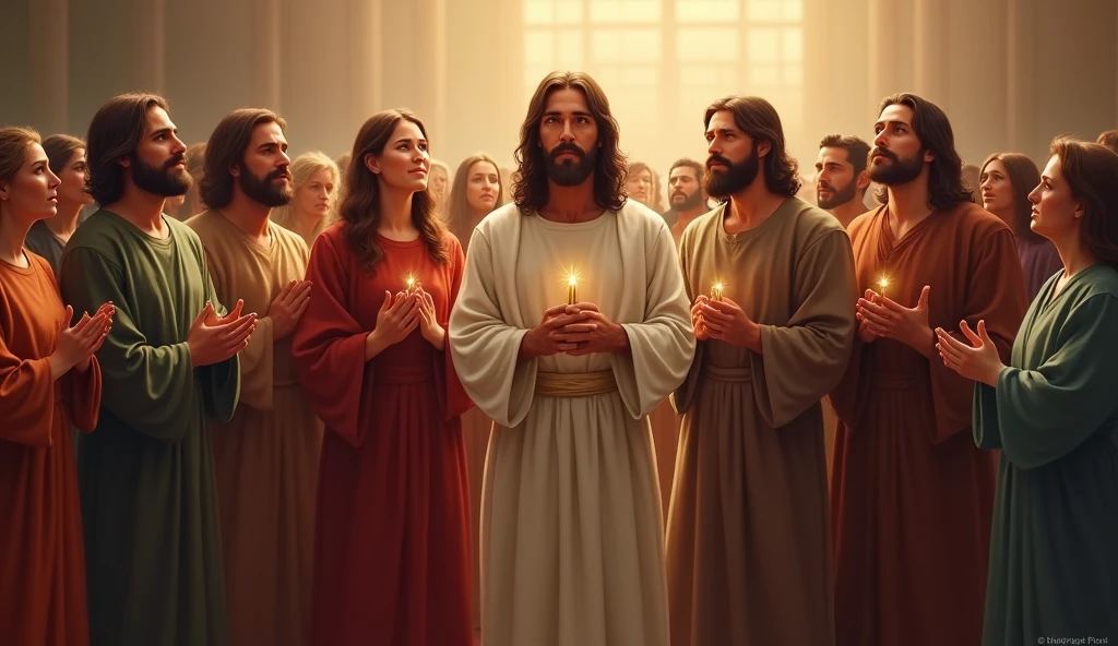 A community gathered in prayer. The apostles are at the center, and the background shows an atmosphere of unity and faith. The colors are warm and welcoming, conveying a sense of belonging.