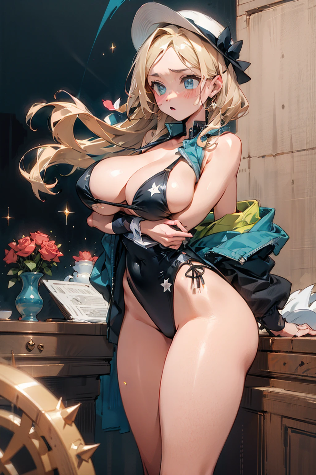 Anime Kawaii sexy Perfect Slim sensual body large breast and huge thighs, An intricate and highly detailed illustration of anime (Young girl). A bikini、girl in a hat,(masterpiece, best quality) detailed,silver accessories , Blonde ,elegant, Pointed ears ,Deep V one-piece swimsuit,Double tail,Waist-length hair,Smile,Star decoration,White lace socks,thorns,Rose,Vest line