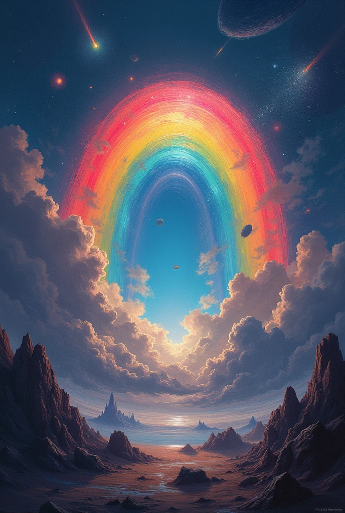 Create an image of a happy rainbow that is in the middle of deep, dangerous space with strong asteroids and comets. (as if it were a painting)