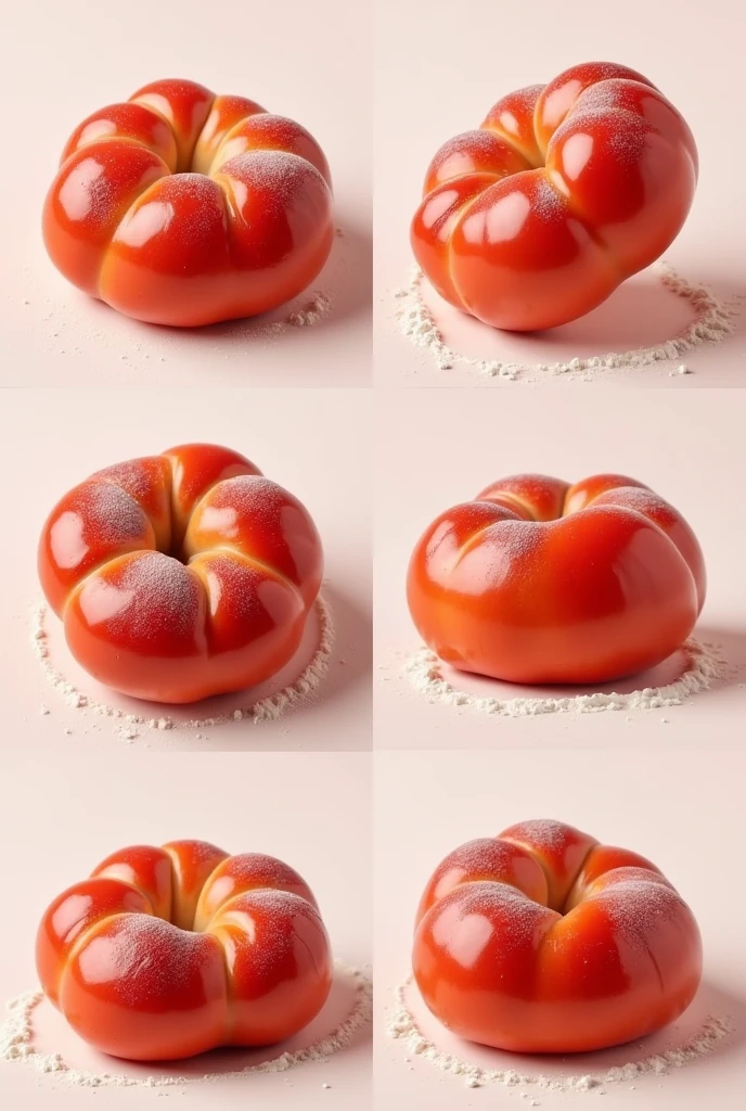 Give me an image where it is shown. various angles of a red bun, that it be a simple image