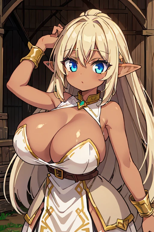 (tanned elf:1.2), (high fantasy slave outfit beige torn dress:1.2), (farm barn:1.2), (high resolution:1.2), (huge tits:1.2), tall, tall female, mature female