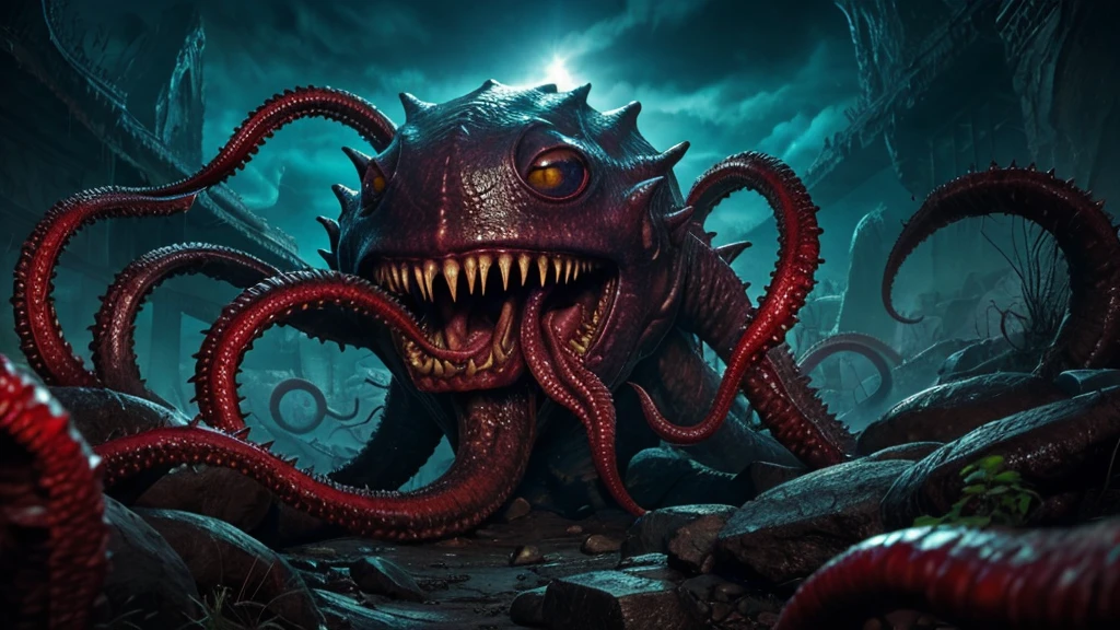 Eldritch horror landscape with writhing flesh, all seeing eyes, toothy maws, lashing tentacles