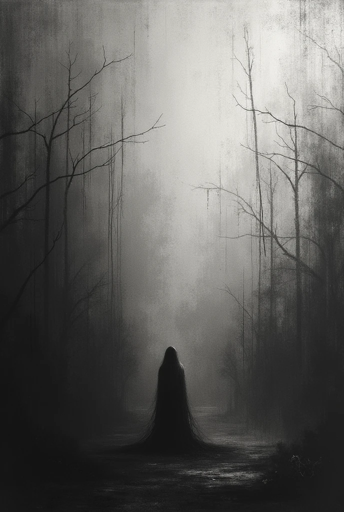 Develop a black and white texture that complements the terrifying and minimalistic theme of the shirt background. The texture should have a subtle, desolate appearance, reflecting the oppressive atmosphere of the main illustration. Use fine, weathered lines to create a sense of age and decay. Incorporate deep areas of darkness and shadowy smudges to simulate mist or fading light. Add details like cracks or wear in low-light areas to reinforce the feeling of abandonment. The texture should be understated enough not to overshadow the central illustration but impactful enough to enhance the overall sense of mystery and terror
