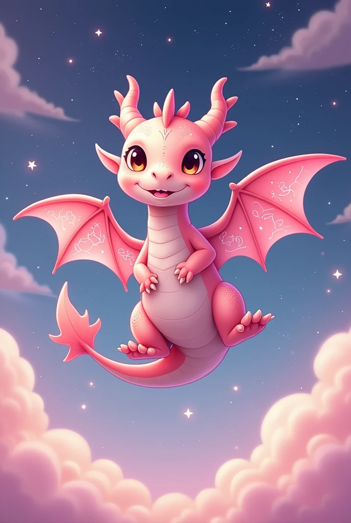 A pink baby dragon with light brown eyes, that on its majestic wings and on its skin it has the astral constellations captured (white lines): dragon constellation, raven constellation, cancer constellation, Libra constellation and many stars, with a cartoon anime style and this one semi-flying from the front.