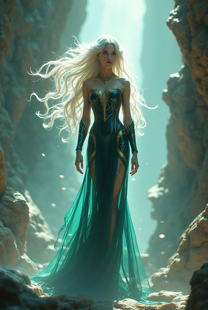 (masterpiece, Best Quality, High resolution: 1.2), 1 girl, she is a goddess_mythological, the physical expression of the perfect, her perfect face, extremely sensual, her perfect eyes, Turquoise, her extremely long white hair, her perfect body, levitating, she wears a very tight black armor with golden flashes, ((flowing liquid)), (liquid clothes), water, she is surrounded by an aura of light and rays, in her hands orbs of the elements spin in a circle, in the background you can see the fractured space 