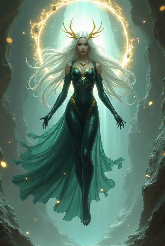 (masterpiece, Best Quality, High resolution: 1.2), 1 girl, she is a goddess_mythological, the physical expression of the perfect, her perfect face, extremely sensual, her perfect eyes, Turquoise, her extremely long white hair, her perfect body, levitating, she wears a very tight black armor with golden flashes, ((flowing liquid)), (liquid clothes), water, she is surrounded by an aura of light and rays, in her hands orbs of the elements spin in a circle, in the background you can see the fractured space