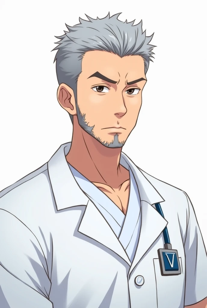 middle aged male doctor, gray short hair, facial hair, perfect symmetrical eyes, white doctor's coat buttoned over white scrub, short sleeves, rectangular ID-badge (dark blue color at top, white color at bottom) on right side, neutral emotion, focus on face and upper torso, transparent background, anime style