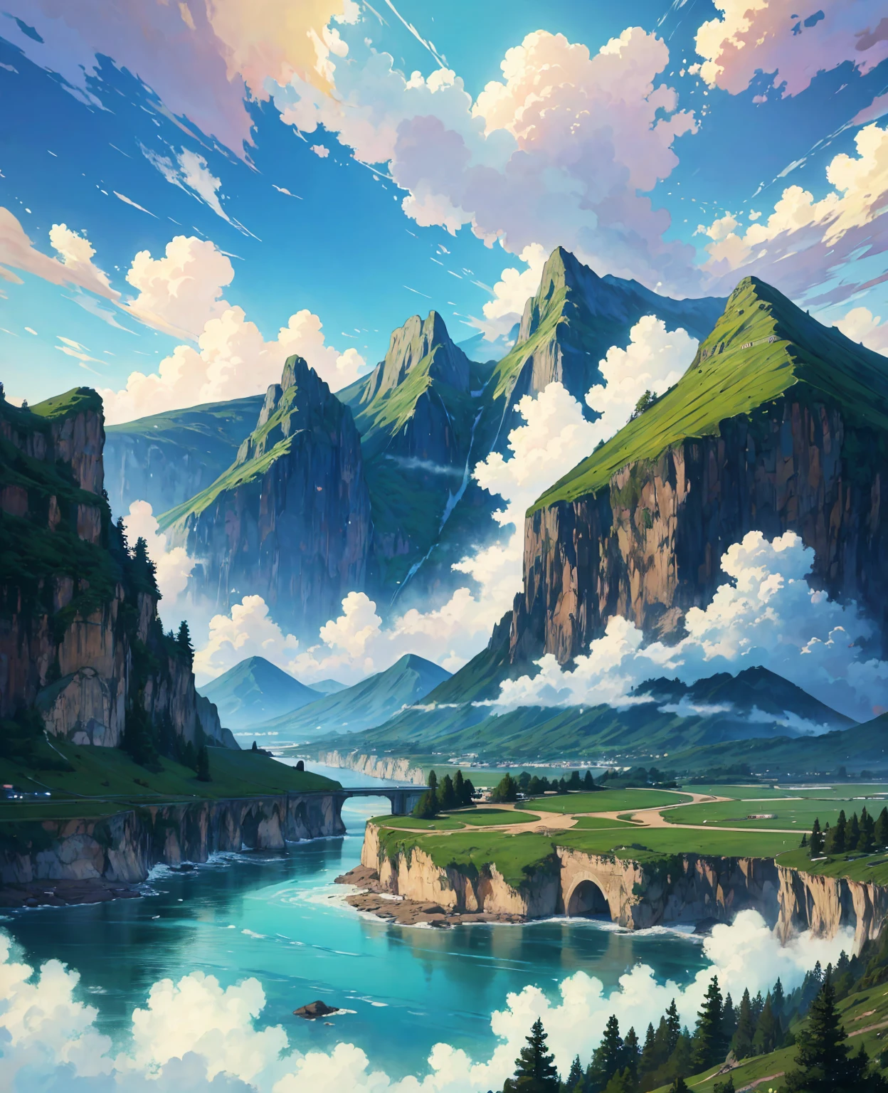 ((Anime landscape wallpaper: 1.2, width 672, beautiful art UHD 4K: 0.8), (anime country landscape, anime nature, anime), anime cloud, landscape artwork, epic landscape), (anime style art style, detailed landscape, beautiful fluffy clouds: 1.2, landscape background), well-lit, bright picture (field, a painting of mountains and rivers, anime theme), )  