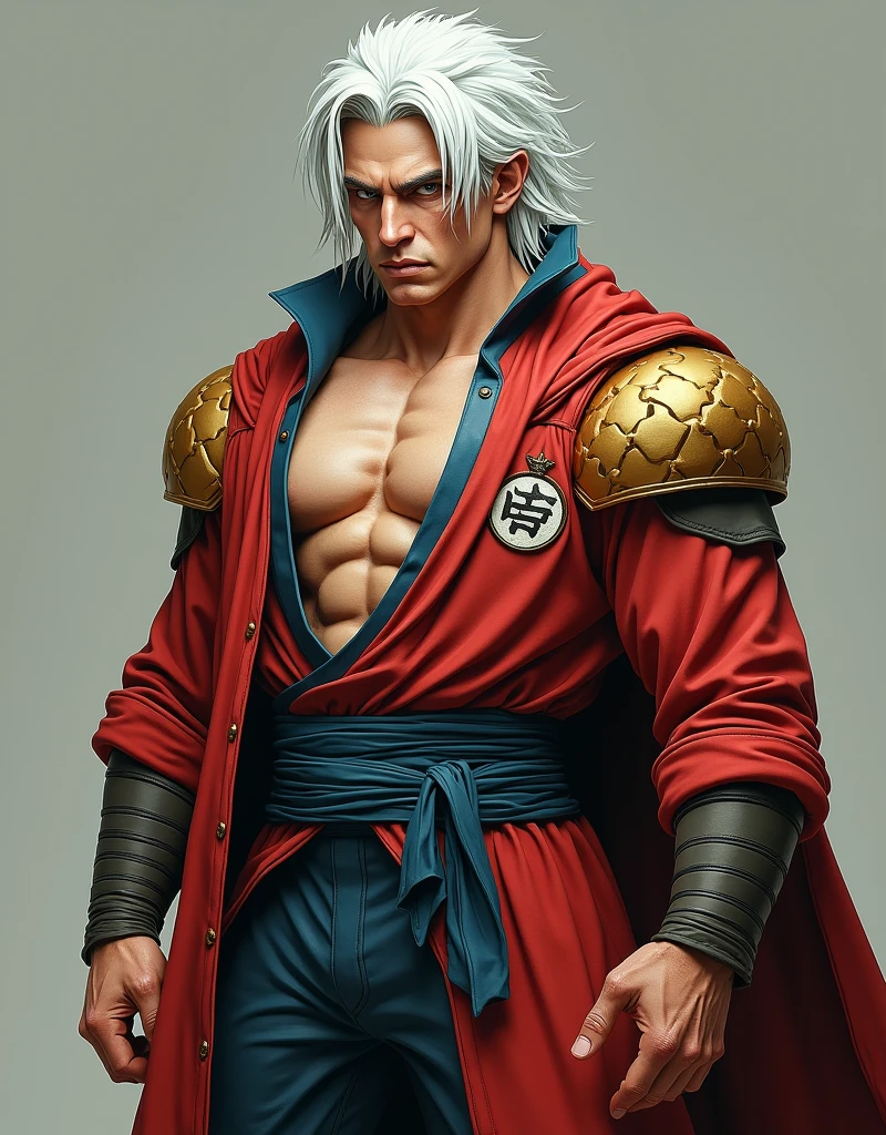 25 year old boy, with some weight, robust, white, jaw length hair, muzzle style Hannibal Lecter, with dragon ball clothes
