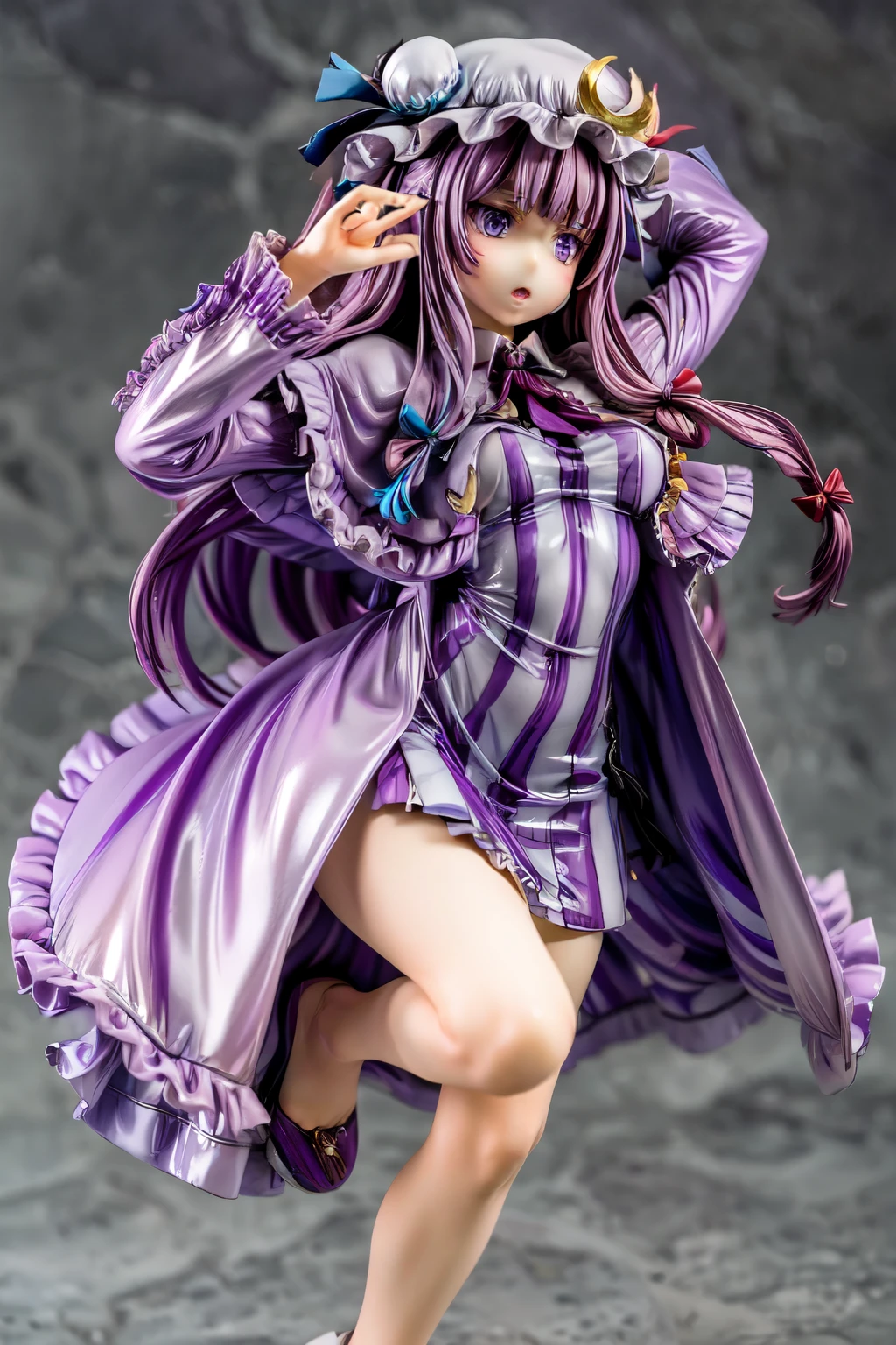 masterpiece, best quality,1girl,solo,patchouli knowledge, purple hair,purple eyes,grey background,dancing,random pose,