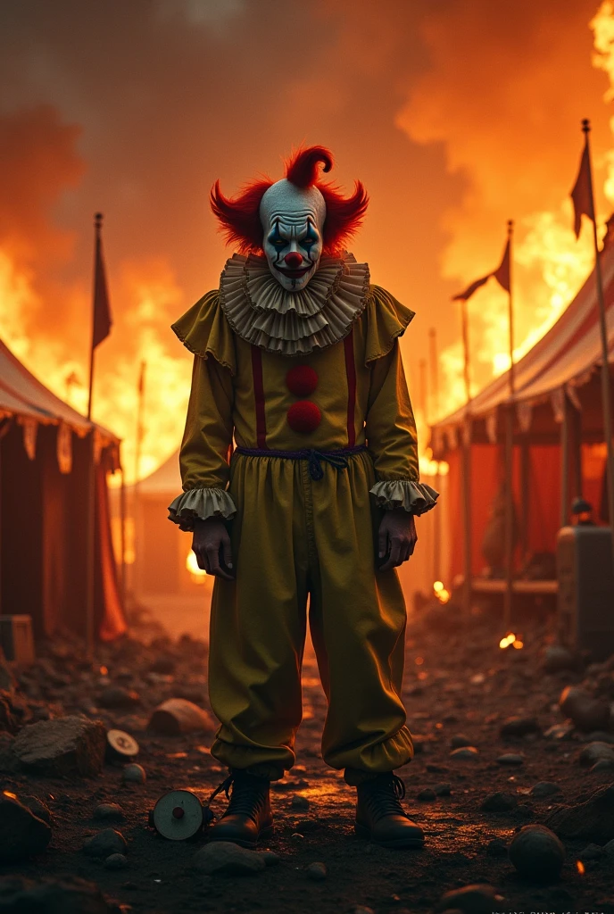 Circus on fire, sad clown 
