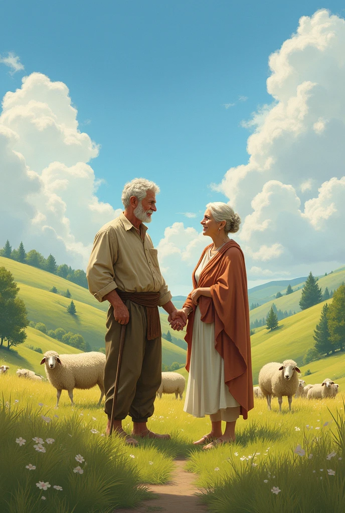 create an image of a shepherd and his wife, both in their 40s, 
holding hands in a beautiful landscape

