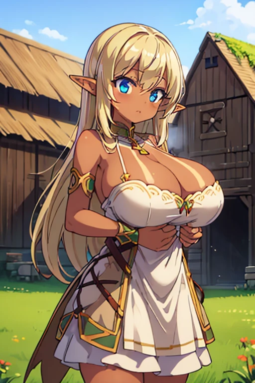 (tanned elf:1.2), (high fantasy slave outfit beige torn dress:1.2), (farm barn:1.2), (high resolution:1.2), (huge tits:1.2), tall, tall female, mature female