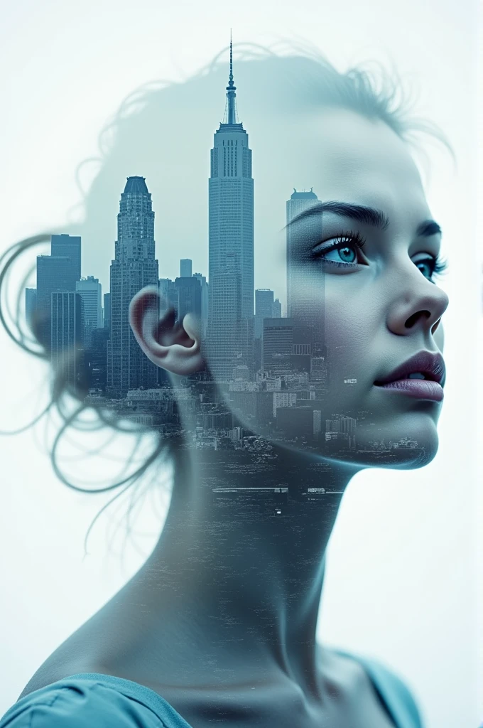 double exposure style,a city skyline on the woman's face,double image ghost effect,image combination,double exposure style,1 girl,, (work of art,best qualityer,ultra detali,very aesthetic, absurderes)