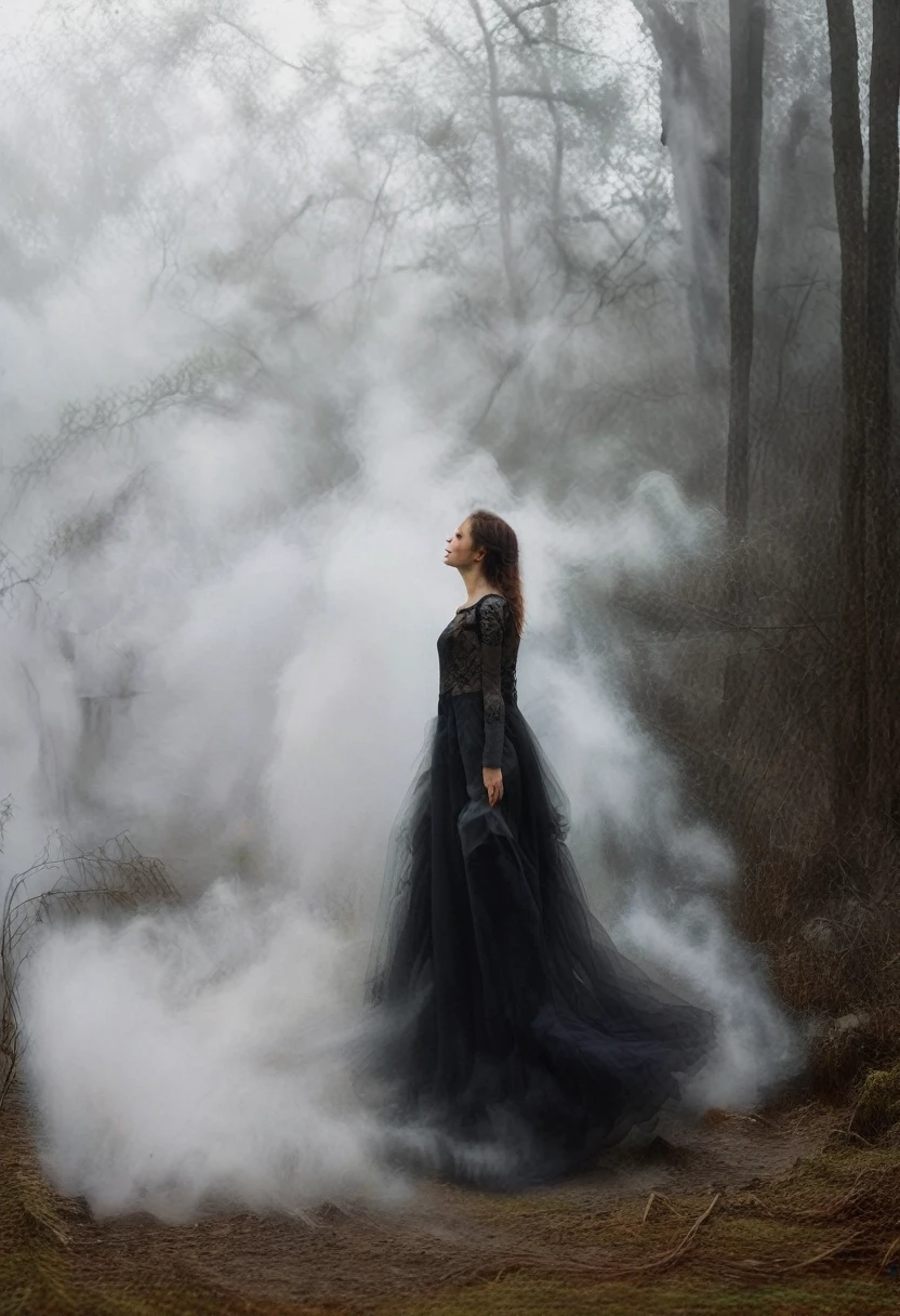 Women made of fog, msfg, fog, walkwoman, in the woods, fog background, high detailed, high quality, masterpiece, depth of field, full body shot