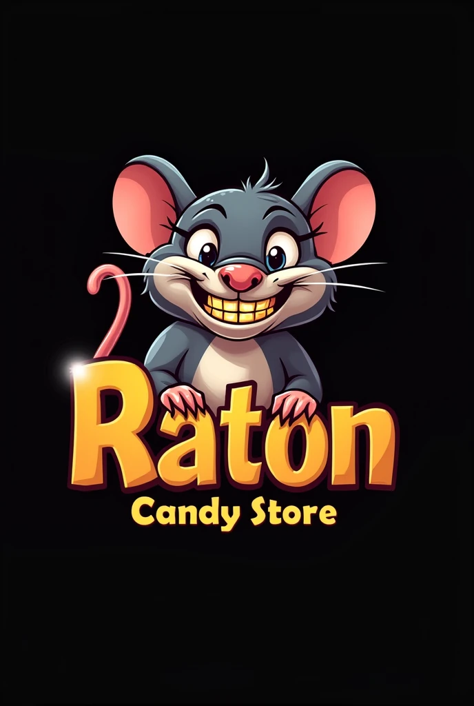 Crie uma logo, black backdrop, a sign that reads "Raton" below in smaller letters it says "Candy Store", leaning on the left side, I want a fat rat with gold teeth and a mischievous, sly smile