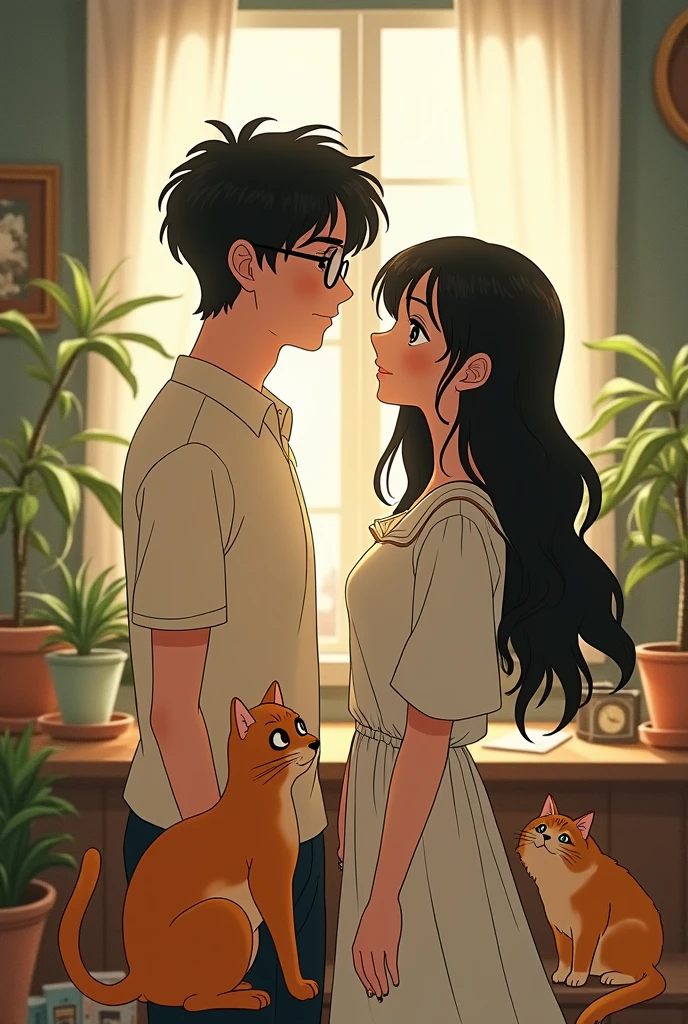 Generate an image of a Studio Ghibli couple where the man wears glasses and the woman has wavy Studio Ghibli hair and two cats, one orange and the other Roman cat.