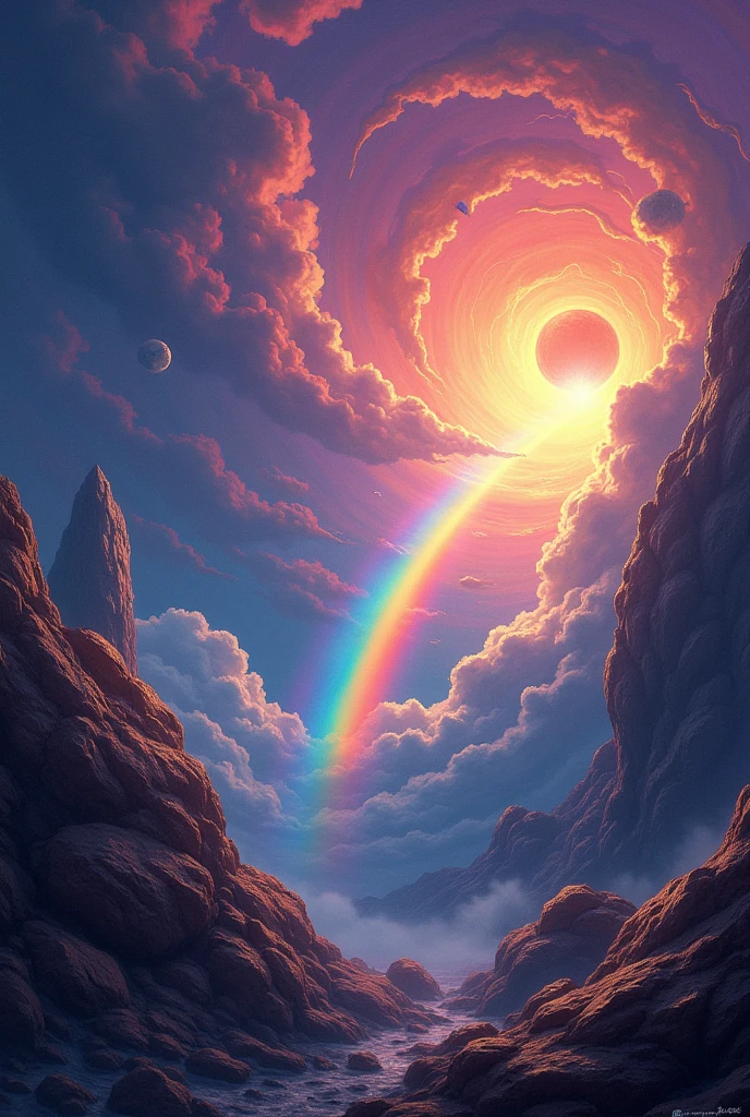 Create an image of a happy rainbow that is in the middle of deep, dangerous space with strong asteroids and comets. (as if it were a painting)
A little darker and highlighting the steroids