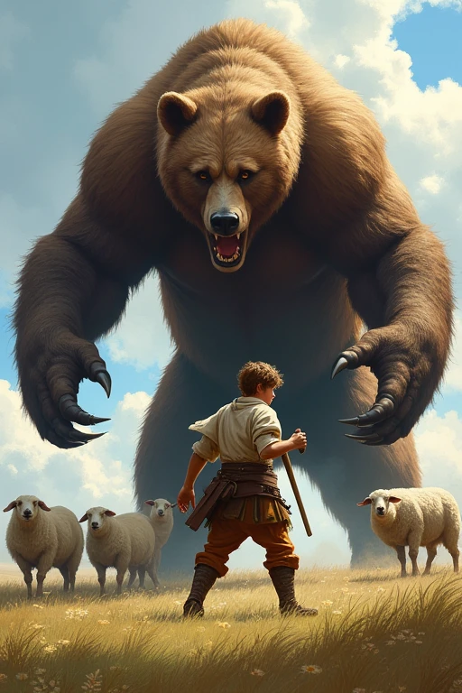 A young shepherd boy,  this is in medieval times
protecting the sheep fights brutally with the big bear, the bear is giant with huge claws the bear was standing in front of the boy and around sheep behind the boy in a field in ancient times

