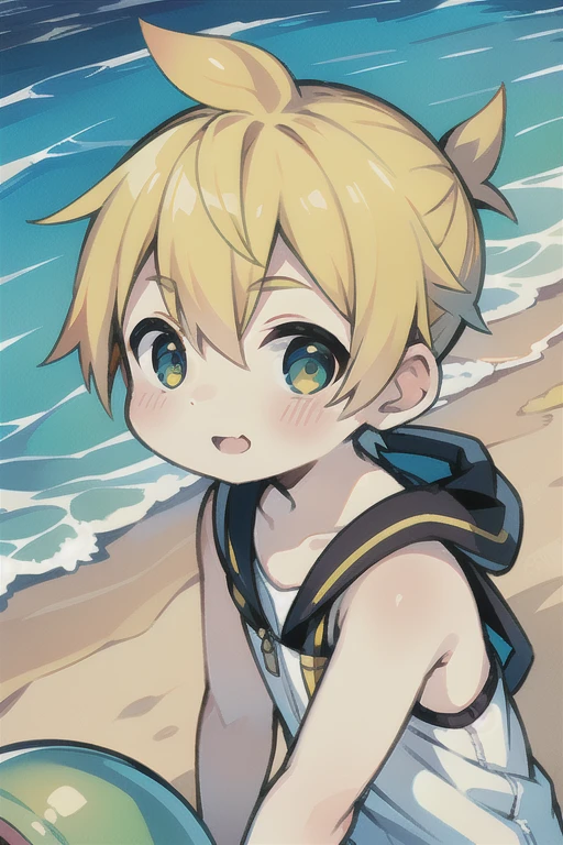 Highest quality, (high quality),eye highlights,arms are thin, thin body,put both hands on cheeks,face,from front,(portrait),((very short hair)),look at viewer,droopy eyes,smile,Pouting mouth,open your mouth and laugh,(((chilled boy))), (1 boy),kagamine len,yellow hair, spiked_hair,ponytail hair, swim suit,half pants,illustration, beach,sea, splash of water, tropical country,