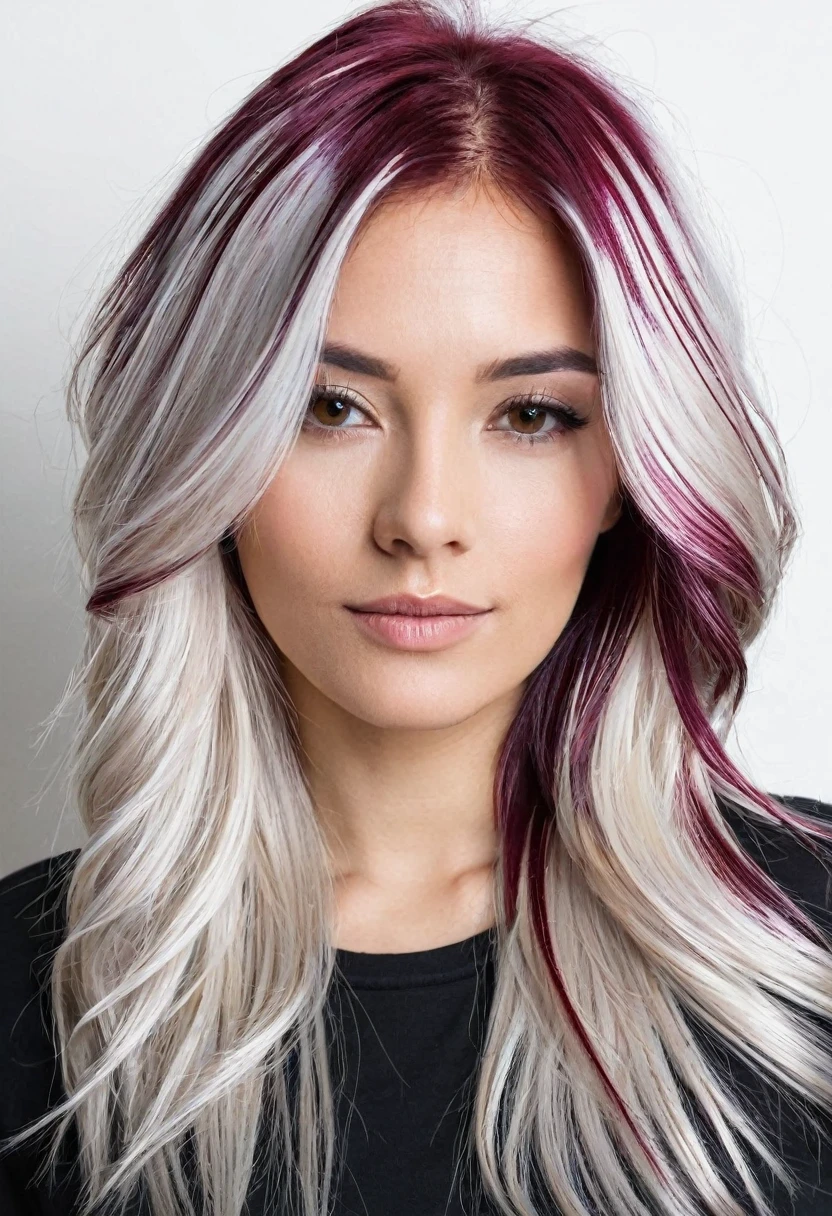 a beautiful woman with platinum hair and burgundy thin dyed streaks on the side of her hair