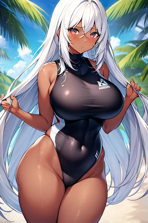 1girl, dark skin, black skin, dark-skinned female, white hair, long hair, large breasts, wide hips, thick thighs, sportswear, shy, timid, blushing, sportswear, hourglass figure, mature female, skin tight, tight clothes, ((competition swimsuit))