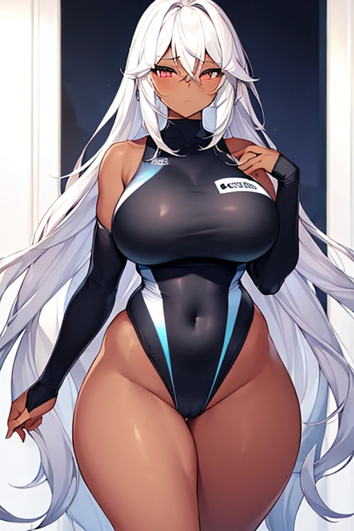 1girl, dark skin, black skin, dark-skinned female, white hair, long hair, large breasts, wide hips, thick thighs, sportswear, shy, timid, blushing, sportswear, hourglass figure, mature female, skin tight, tight clothes, ((competition swimsuit))