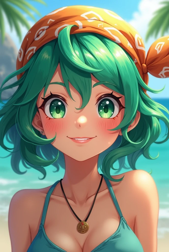 She has sea-green hair that reaches just below her shoulders, and short, wispy bangs that are usually obscured by her bandana. She has dark green eyes with bright pupils, but by far her most prominent feature is her unwavering joyful smile.