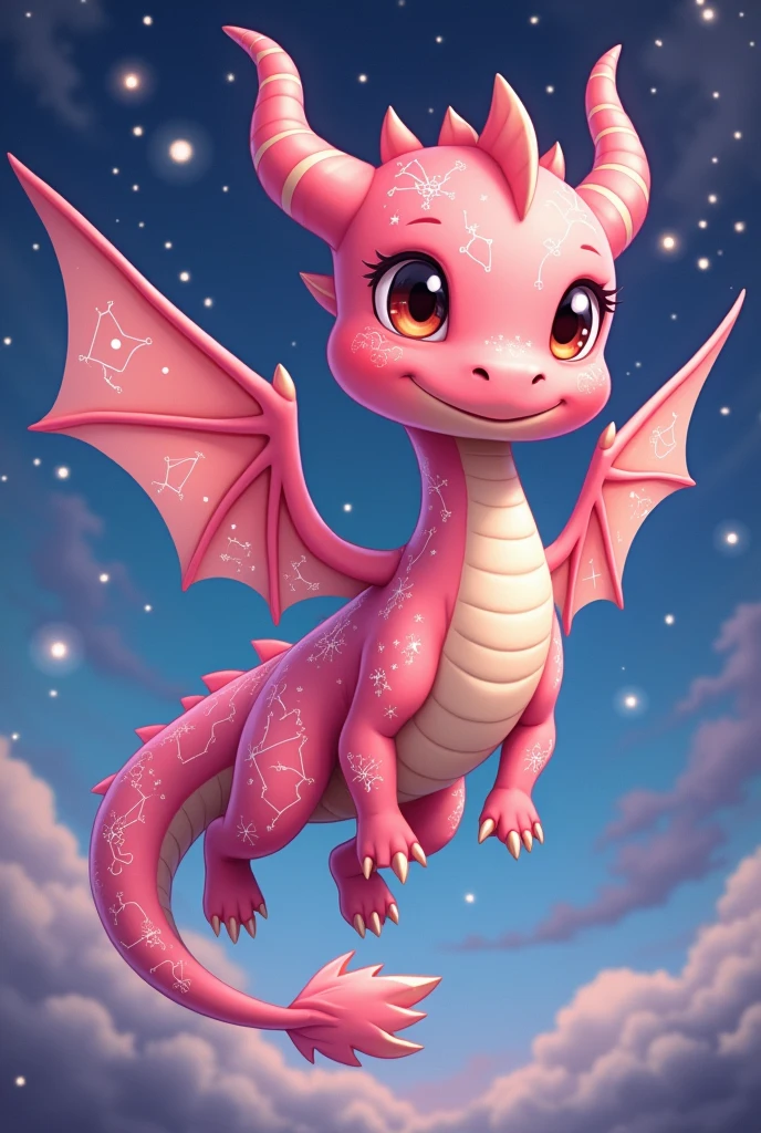 A pink baby dragon with light brown eyes, that on its majestic wings and on its skin it has the astral constellations captured (white lines): dragon constellation, raven constellation, cancer constellation, Libra constellation and many stars, in a cartoon anime style, and he's semi-flying sideways and looking straight ahead.
