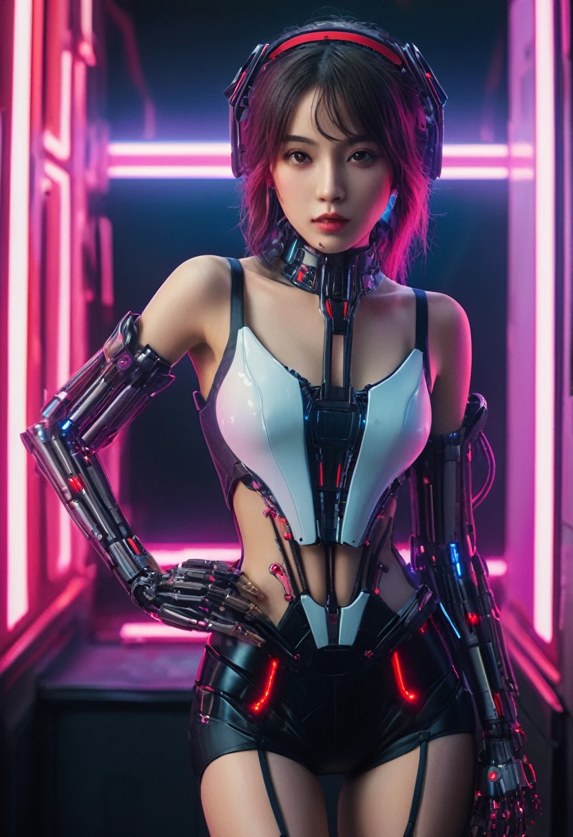 xxmixgirl. Highly detailed professional 35mm film, bokeh, face in sharp focus. A robotic female, Miku, with ((metal skin)), ((perfect Asian eyes)) with magenta irises and ((black pupils)), beautiful serious (detailed face), 18 year old ((photorealistic face)), very long magenta twin tails of magenta hair, twin black hair ties with a single red stripe. She may have a black audio headpiece. We can see her ((full body)) down to her boot soles. Her outfit is a sleeveless collared light grey shirt, outlined in red around the frilled collar and hems. Shiny reflective ((metallic breast cups, dimpleless)), invisible nipples. She wears black sleeves with red hems that start around her upper arm and bellow out as the sleeves open and extend to her wrists, with wide trumpet red rimmed cuffs. She has perfect robotic (detailed hands). She wears a red colored tie with two horizontal solid parallel black lines halfway across. She wears a fabric black skirt with a horizontal red hem at the bottom all the way around; her (((black skirt wraps around her))) and ((her skirt completely covers)) her robotic waist and thighs. Tall black boots with red bottom soles, a red rim around the top at her thighs. Her mechanical shoulder joints are visible. We can see her robotic legs and robotic neck. Half of her is covered with shiny polished machinery. The background is a distant dark neon futuristic Japanese city, gold, cyan, violet neon, near harbor or mountains.
