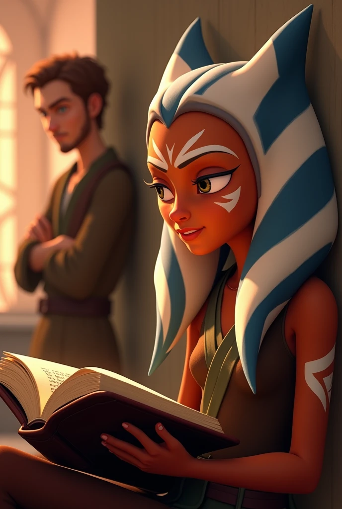 Ahsoka Tano from Star Wars reading a book, animated but not too animated., like in Star Wars: The Clone Wars, from the profile and illuminated, Anakin leaning against the wall listening to Anakin be seen 
  
