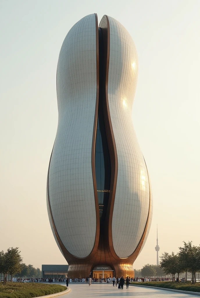 Design a distinctive tower shaped like a coffee bean   important Keep loyal to the coffee shape of the building with the curved line that devides the bean of coffee. The line that devides the two sections of the bean is brown and on one side there are vewpoints ,modern appearance.