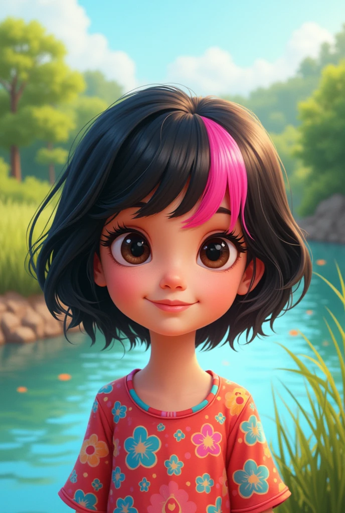 A beautiful cartoon iaranian young girl with black hair and pink hair in front of her hair, her hair is short, by the river, with a floral shirt
