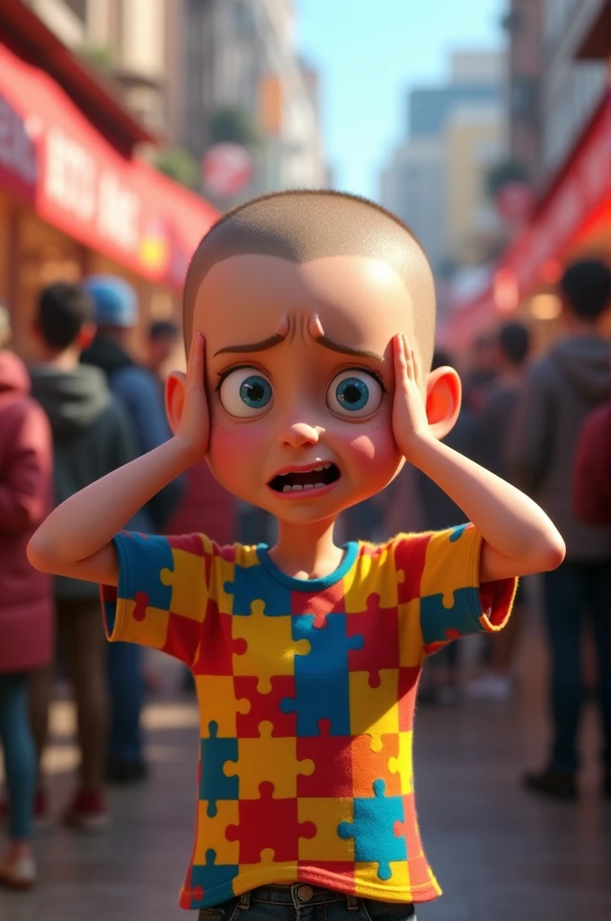 Cartoon Pixar with shaved hair Wearing a colorful puzzle T-shirt, an Autism bearer covering their ears, distressed by the noise people make 