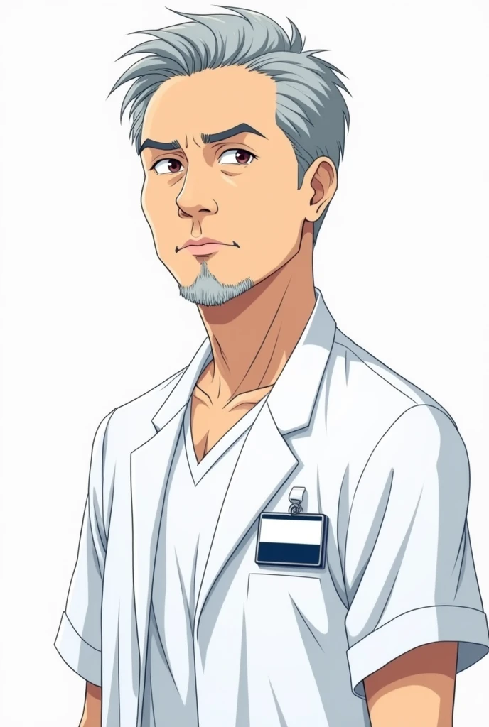 middle aged male doctor, gray short hair, facial hair, perfect symmetrical eyes, white doctor's coat buttoned over white scrub, short sleeves, rectangular ID-badge (dark blue color at top, white color at bottom, landscape view) on left side, neutral emotion, focus on face and upper torso, transparent background, anime style