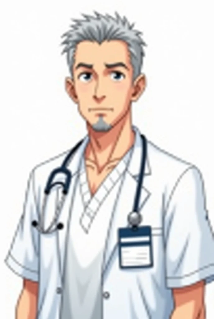 middle aged male doctor, gray short hair, facial hair, perfect symmetrical eyes, white doctor's coat buttoned over white scrub, short sleeves, rectangular ID-badge (dark blue color at top, white color at bottom, landscape view) on left side, neutral emotion, focus on face and upper torso, transparent background, anime style