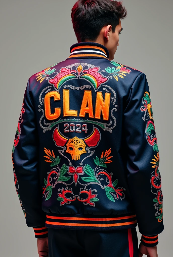 Give me a prom jacket 2024 with the name clan and different designs and colors