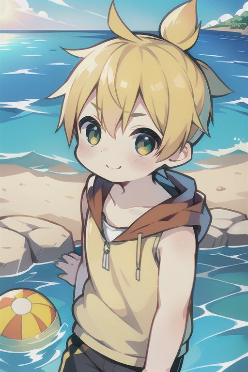 Highest quality, (high quality),eye highlights,arms are thin, thin body,put both hands on cheeks,face,from front,(portrait),((very short hair)),look at viewer,droopy eyes,smile,Pouting mouth,open your mouth and laugh,(((chilled boy))), (1 boy),kagamine len,yellow hair, spiked_hair,ponytail hair, swim suit,half pants,illustration, beach,sea, splash of water, tropical country,