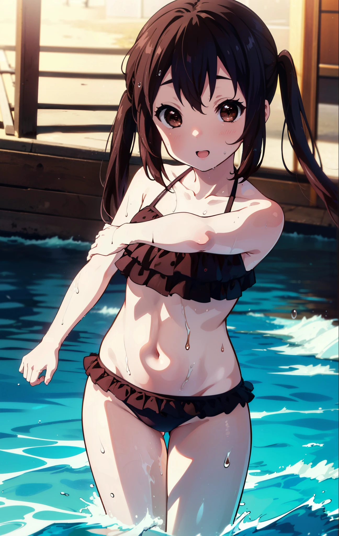 meet, Azusa Nakano, Black Hair, (Brown eyes:1.5), Long low twintails,smile,Open your mouth,Bikini swimsuit with ruffles,barefoot,Wet Hair,Wet swimsuit,Wet Skin,Daytime,Clear skies,True Summer,Water Play,whole bodyがイラストに入るように,
break outdoors, Ocean,Beach,
break looking at viewer,whole body, (Cowboy Shot:1.5),
break (masterpiece:1.2), Highest quality, High resolution, unity 8k wallpaper, (figure:0.8), (Beautiful attention to detail:1.6), Highly detailed face, Perfect lighting, Highly detailed CG, (Perfect hands, Perfect Anatomy),