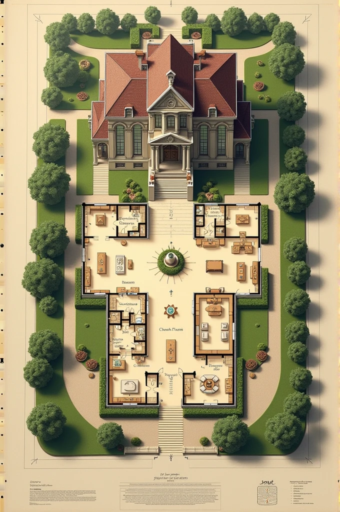 A floor plan of a mansion and the land is 100 square meters 